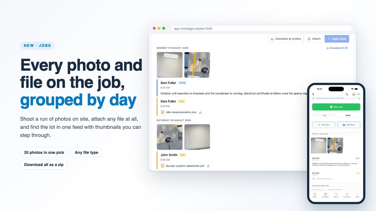 Job photos and files, grouped by day