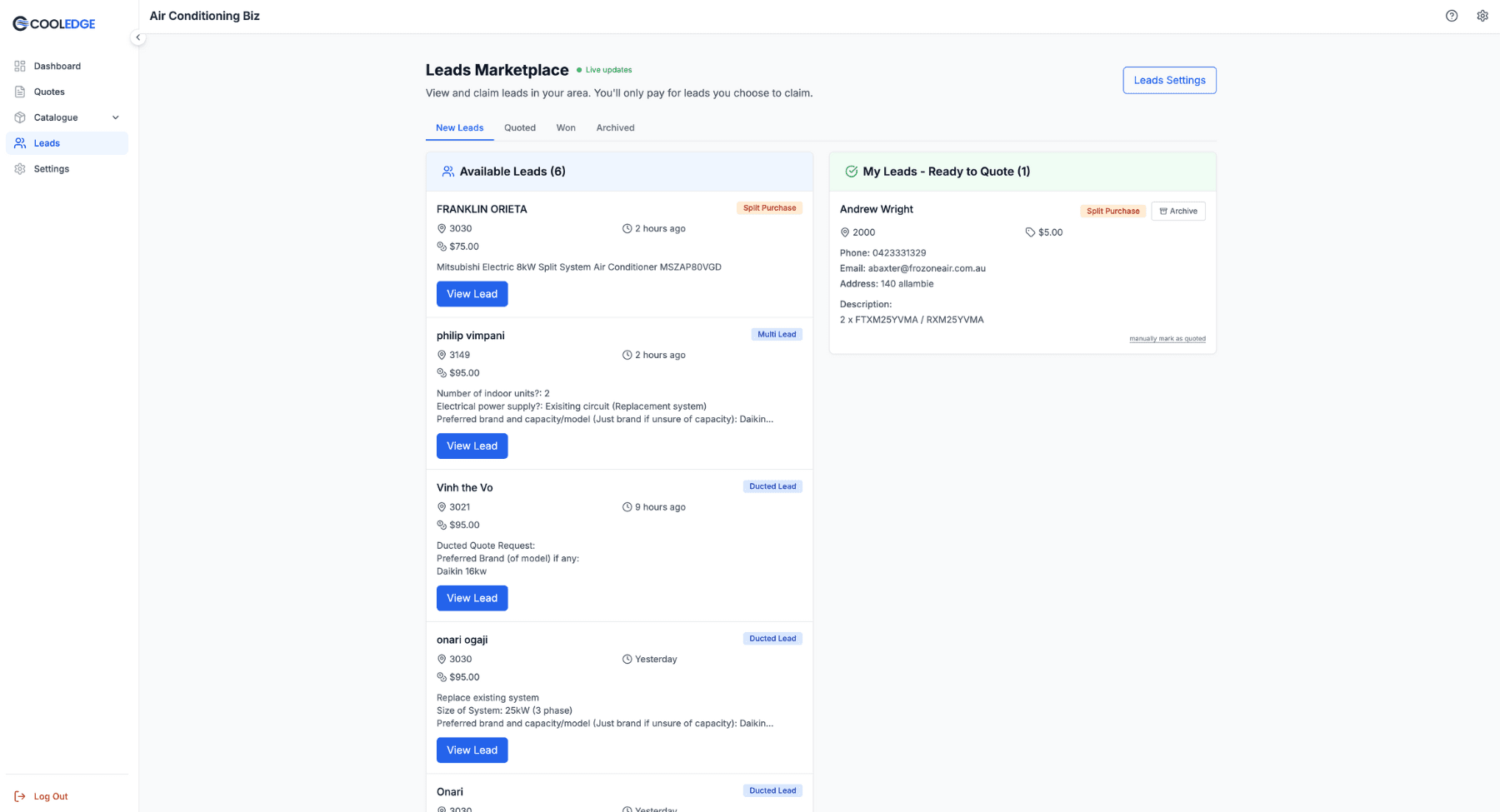 Leads marketplace dashboard overview