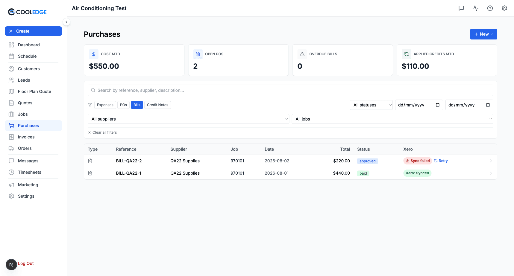 The Purchases hub Bills tab showing a Xero column with Sync failed and a Retry button on one row and Xero Synced on another