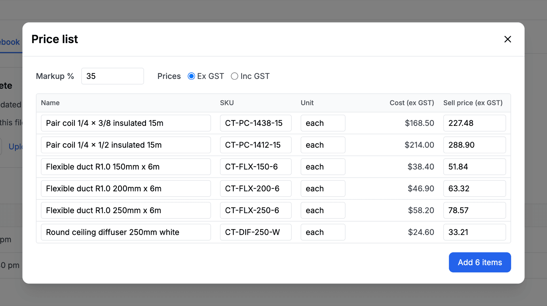 The price list step with a markup, the Ex GST and Inc GST switch and rows showing name, SKU, unit, cost and sell price