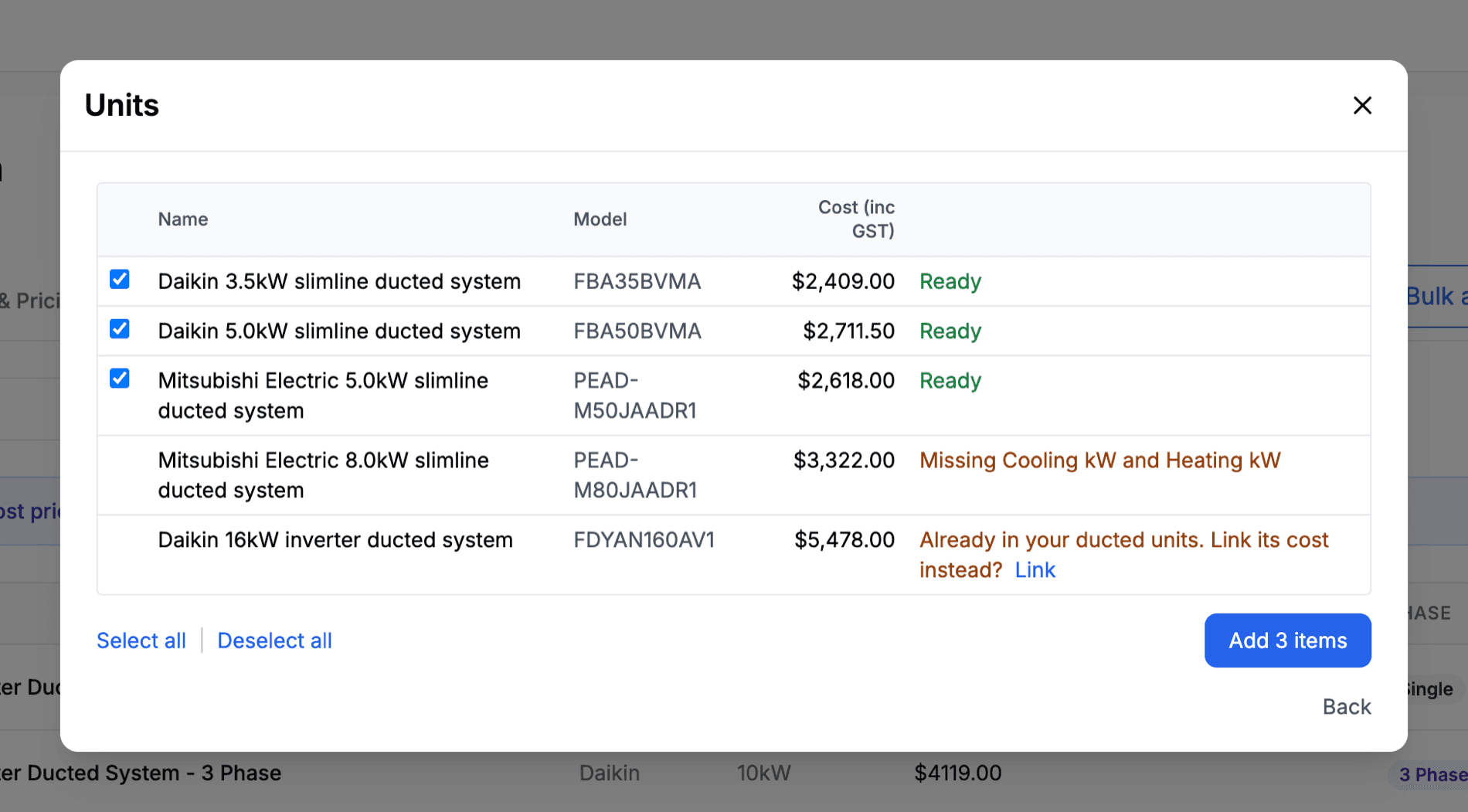 The units review with Ready rows ticked, a row missing details and a row already in the list with a Link button