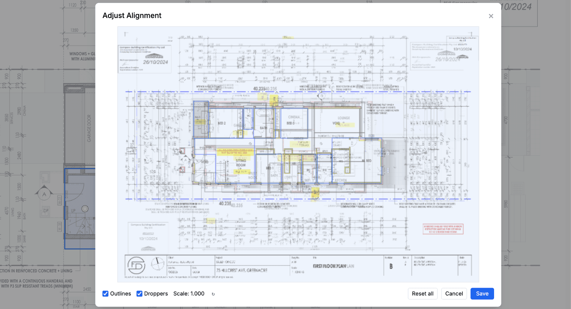Adjust alignment modal showing Ground and Level One overlaid on the same canvas with the alignment handle for nudging a level into place