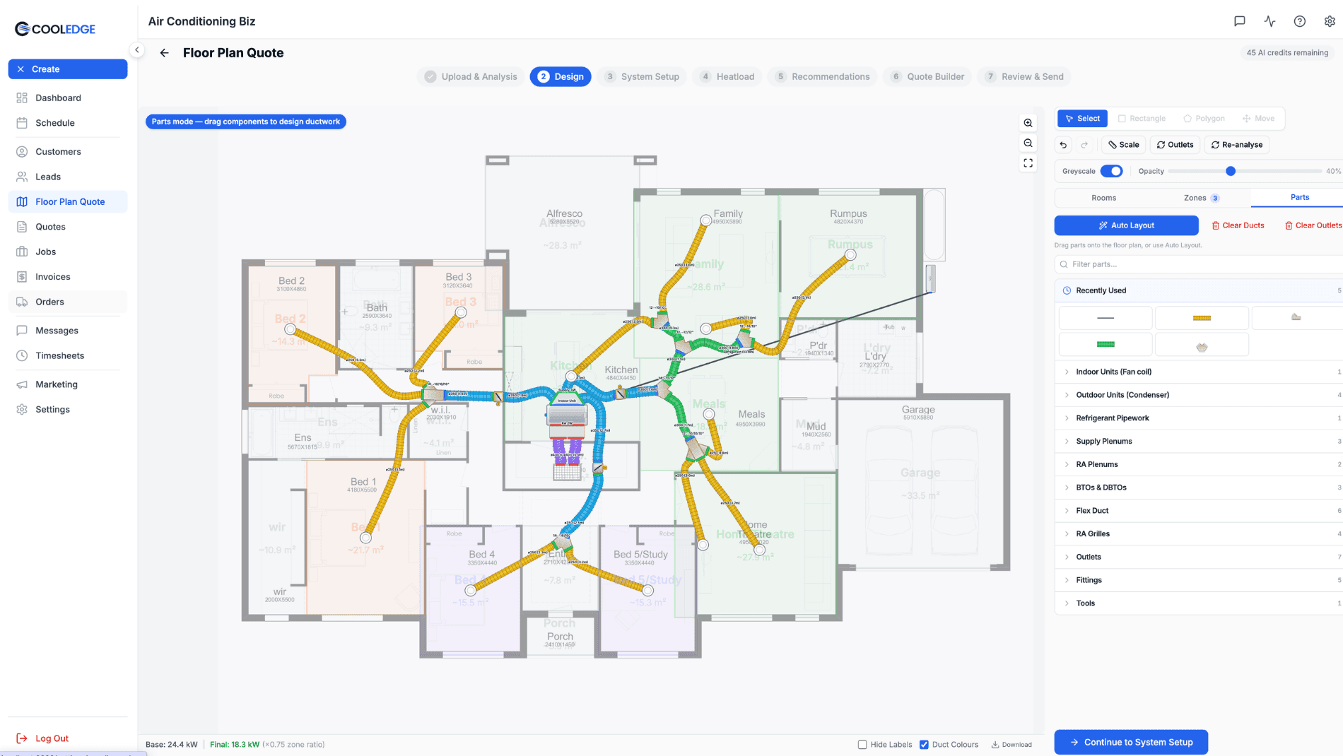 Auto Duct Layout canvas with zones and duct runs drawn over a floor plan