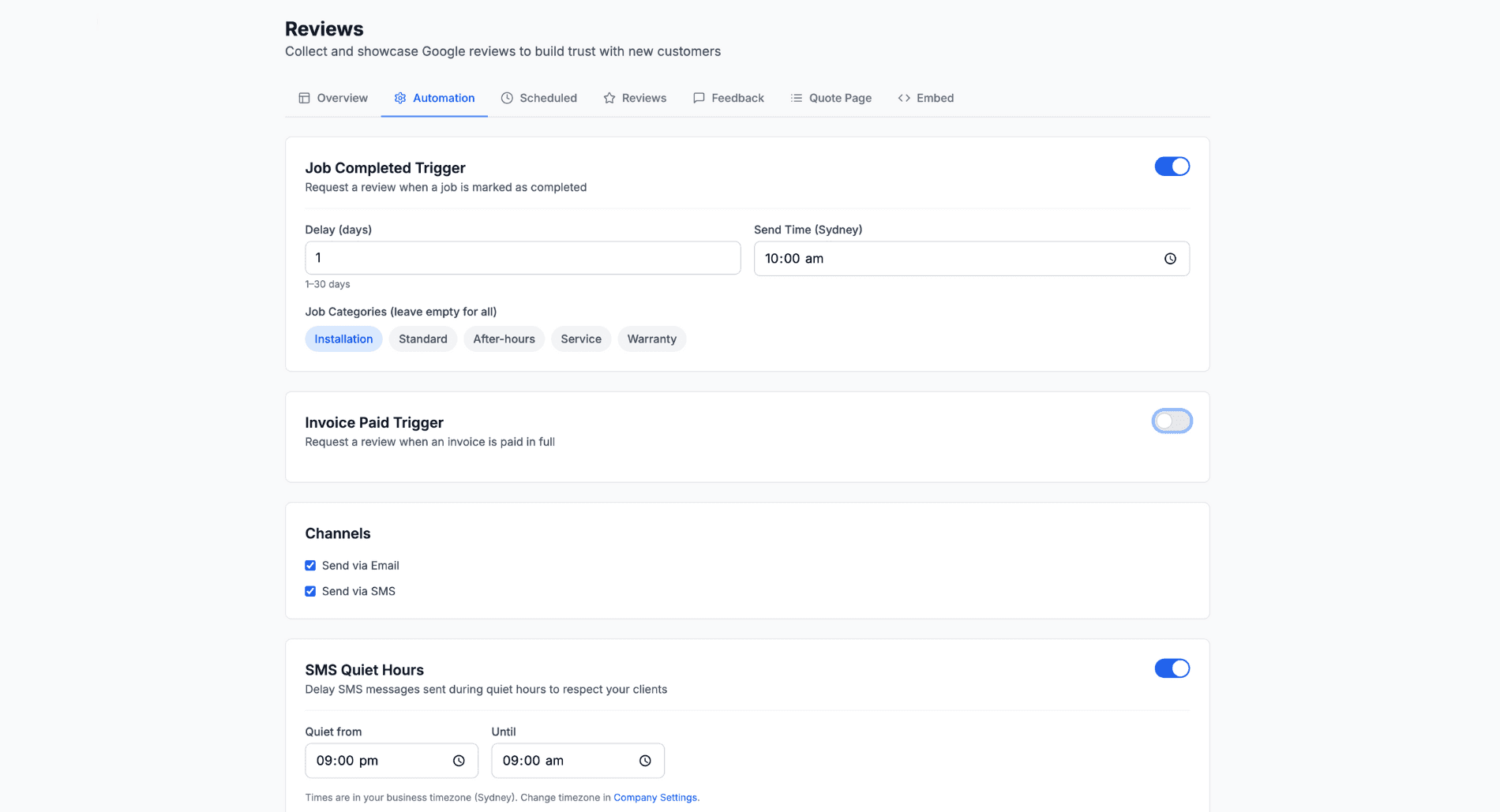 Automation settings page