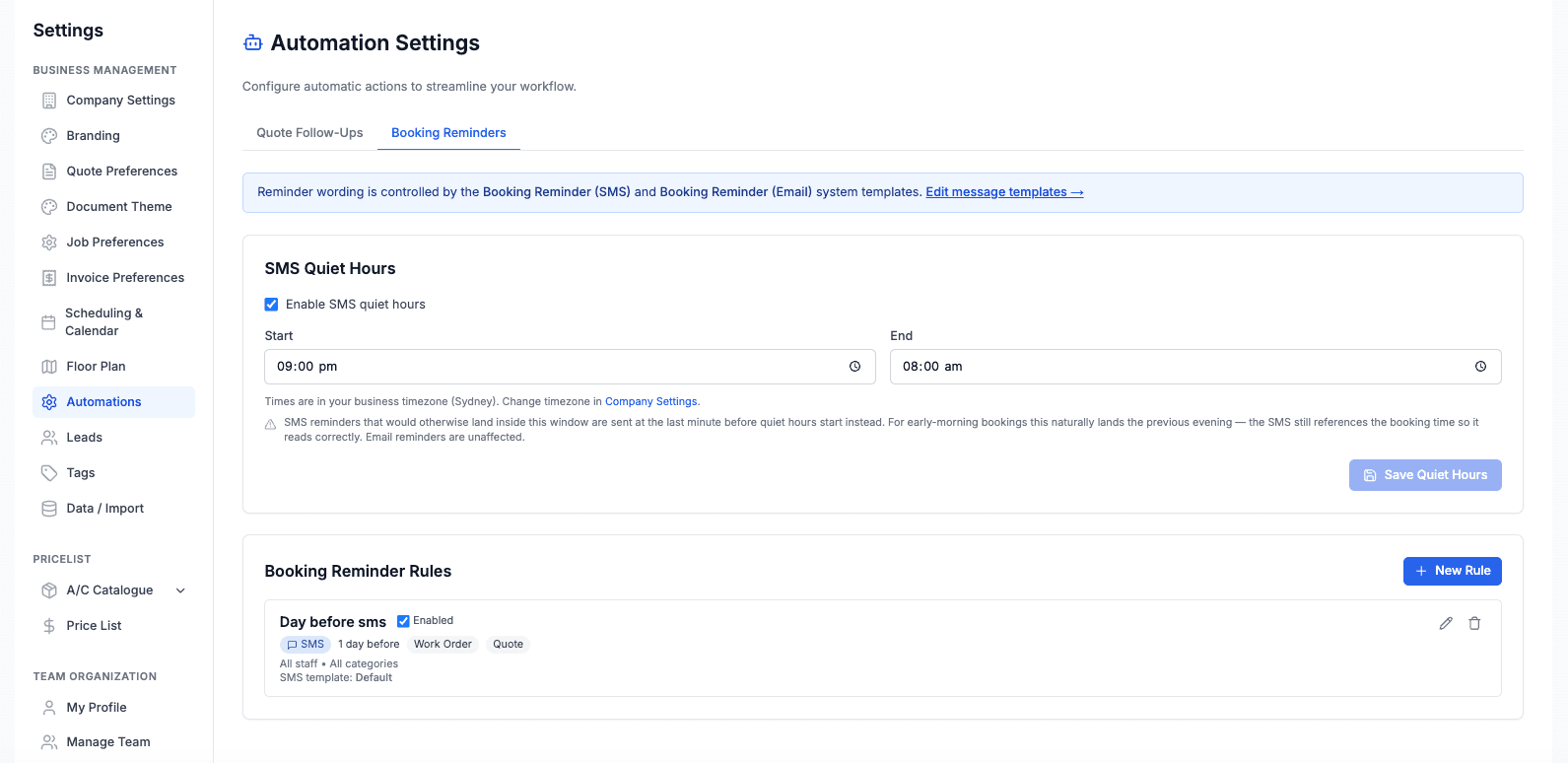 Booking Reminders settings page in the Cooledge Portal