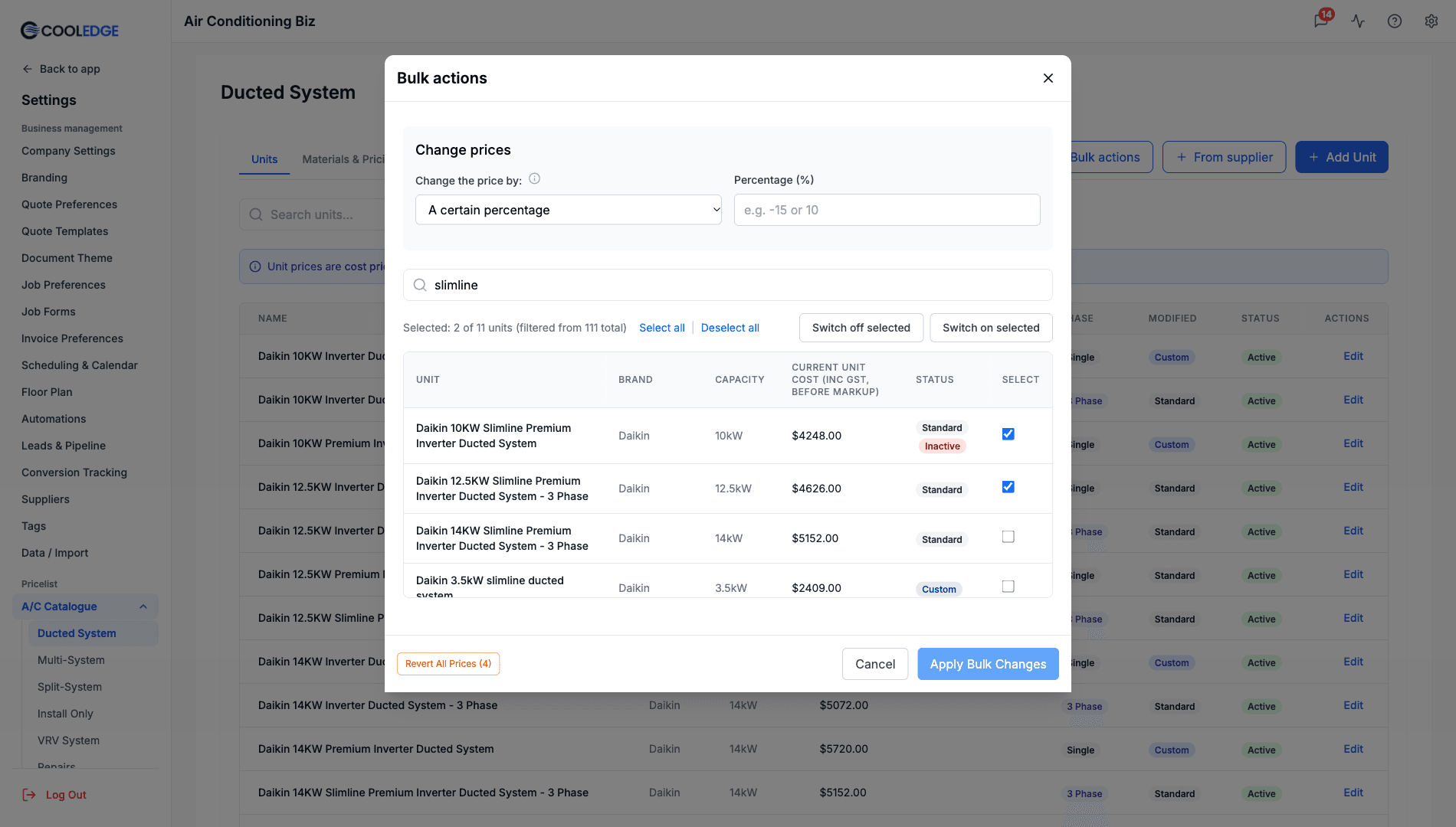 The Bulk actions dialog with units selected, Switch off selected and Switch on selected, an Inactive unit, the Change prices section and Revert All Prices