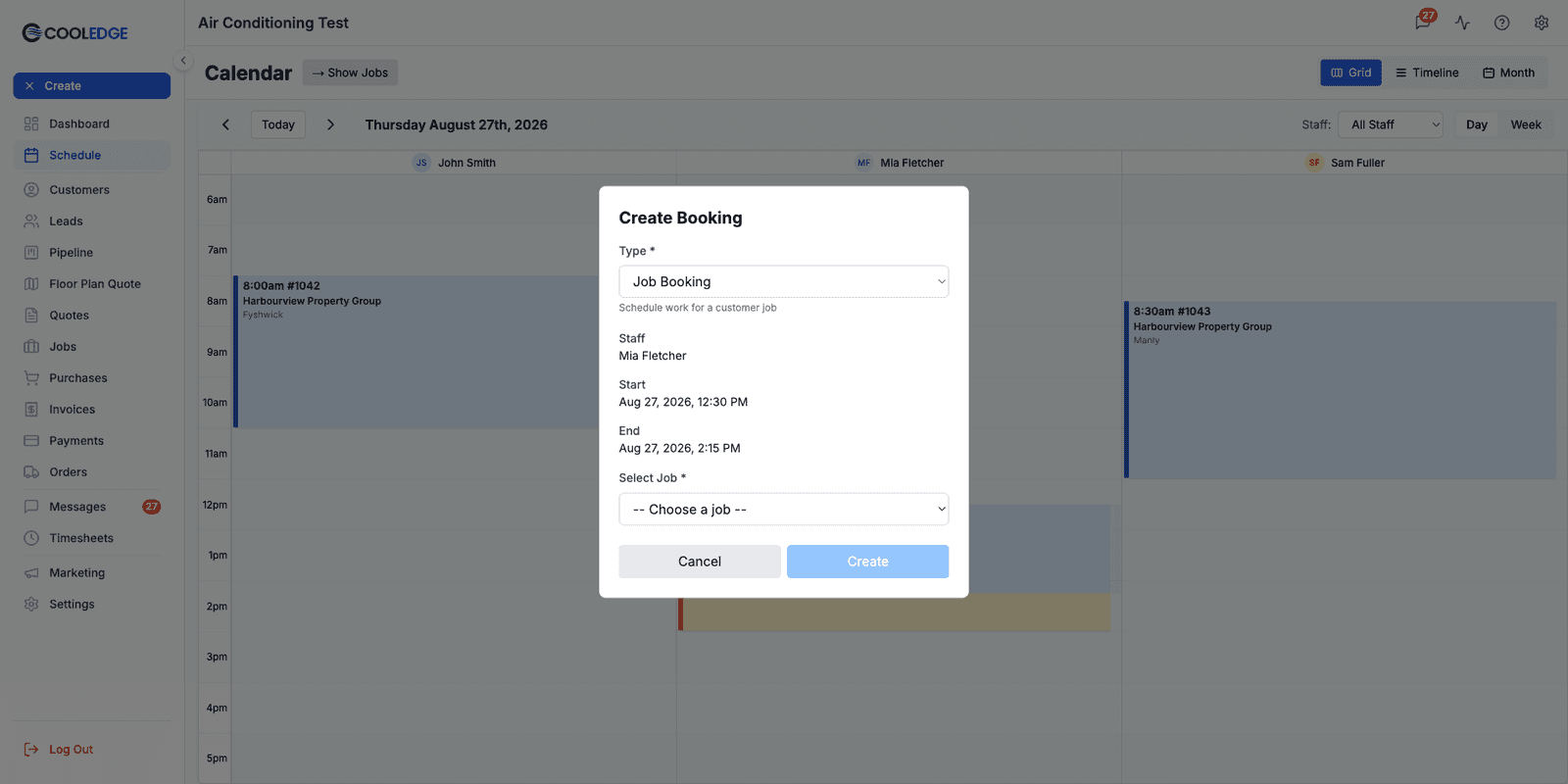 The Create Booking modal opened by dragging on the calendar, with Type, a read-only Staff line, Start, End and Select Job