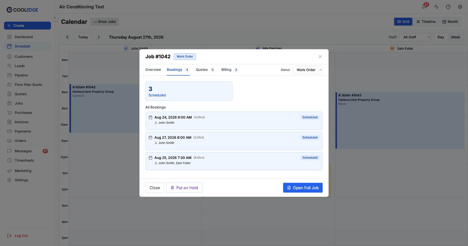The Bookings tab inside the job preview, where clicking a booking row opens it for editing
