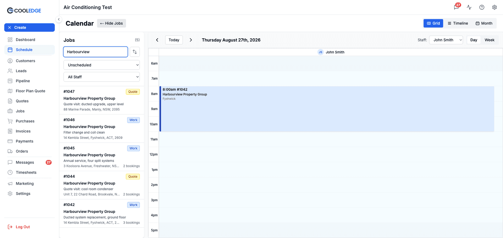 The calendar with the Jobs sidebar open, filtered to unscheduled work, showing job cards with their number, customer, description and site address