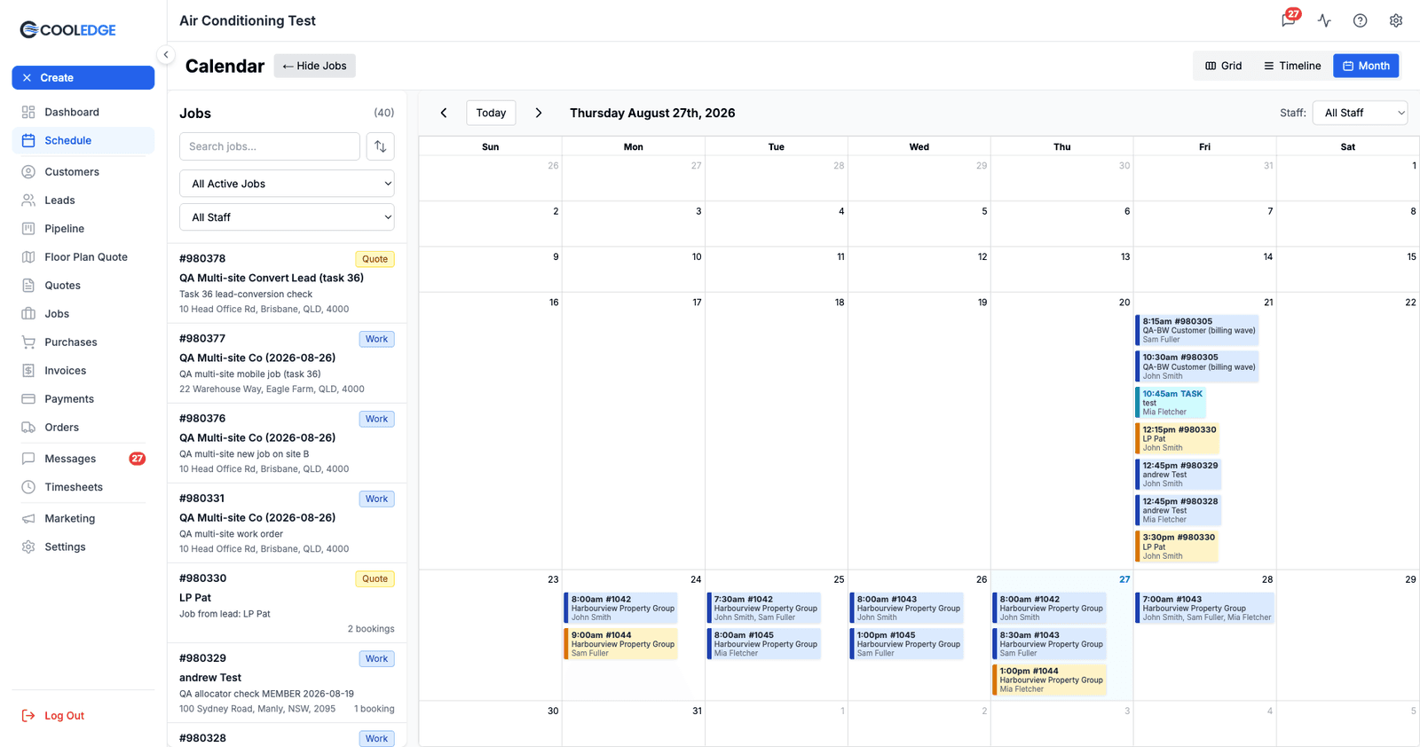 Month view of the calendar, showing a full month of bookings in a calendar grid