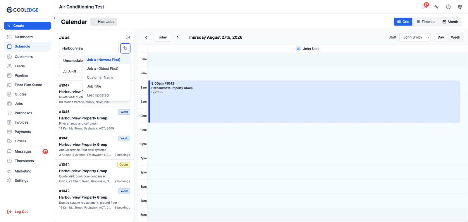 The Jobs sidebar with a search term entered, the Unscheduled status filter applied and the sort menu open showing all five sort options