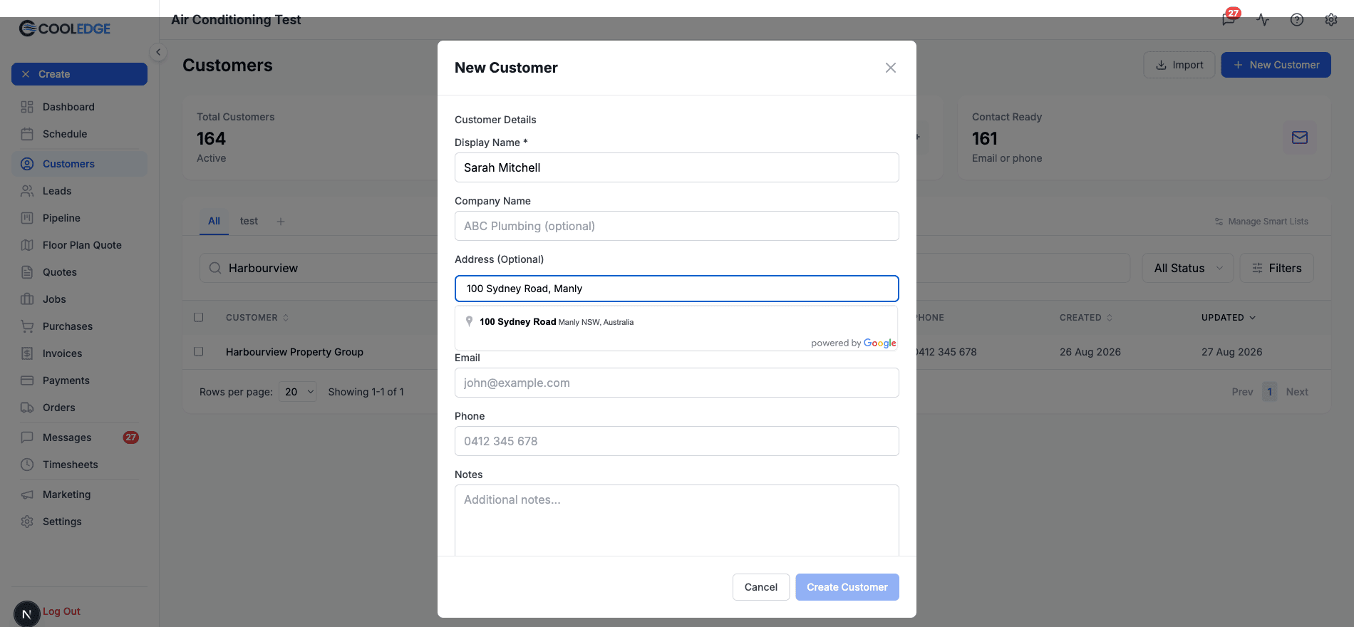 The Address field in the New Customer form, showing the dropdown match