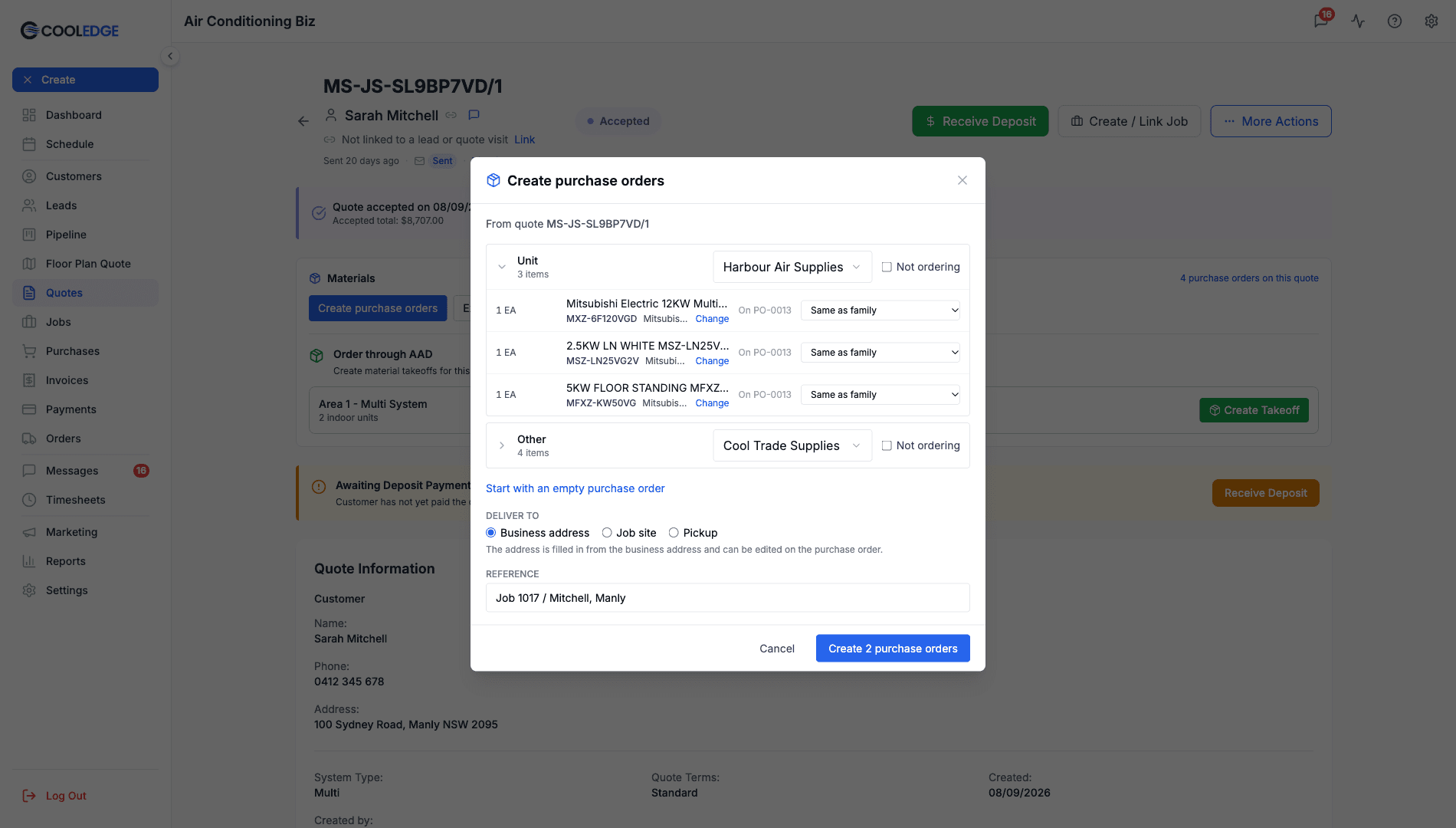Create purchase orders on a quote, with the units going to one supplier and the other items to another
