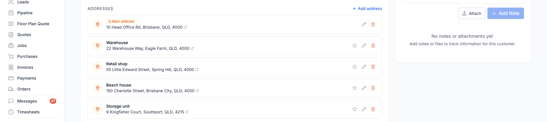 The Addresses section on a customer detail page, listing five labelled addresses