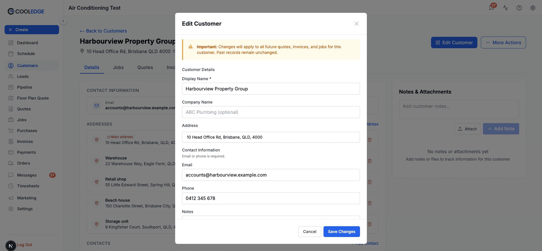 The Edit Customer modal, with the Address field that sets the main address