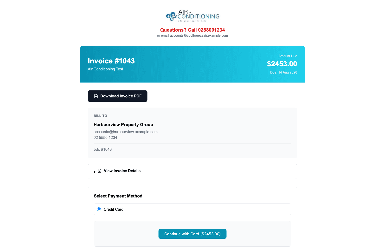 The customer payment page, showing the invoice number, amount due, bill-to details and the payment method options