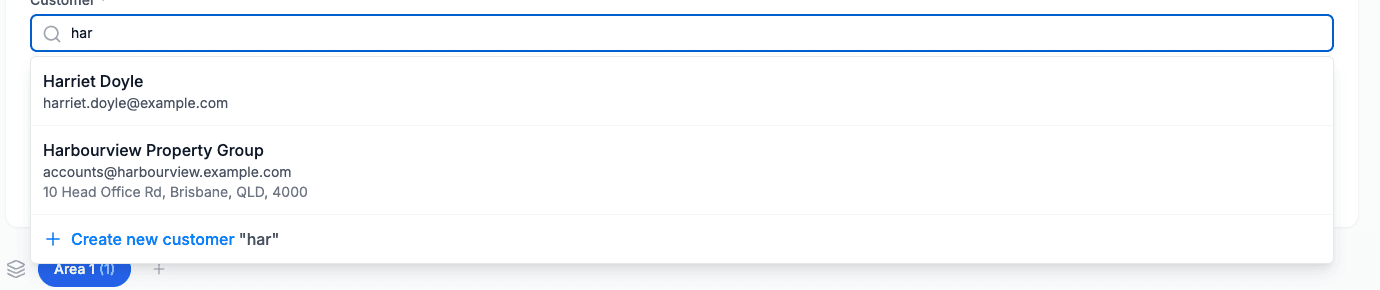 The Create new customer link sitting under the search results, carrying the text you typed