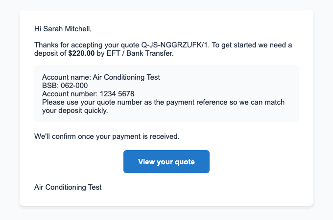 The deposit details email a customer receives after choosing bank transfer