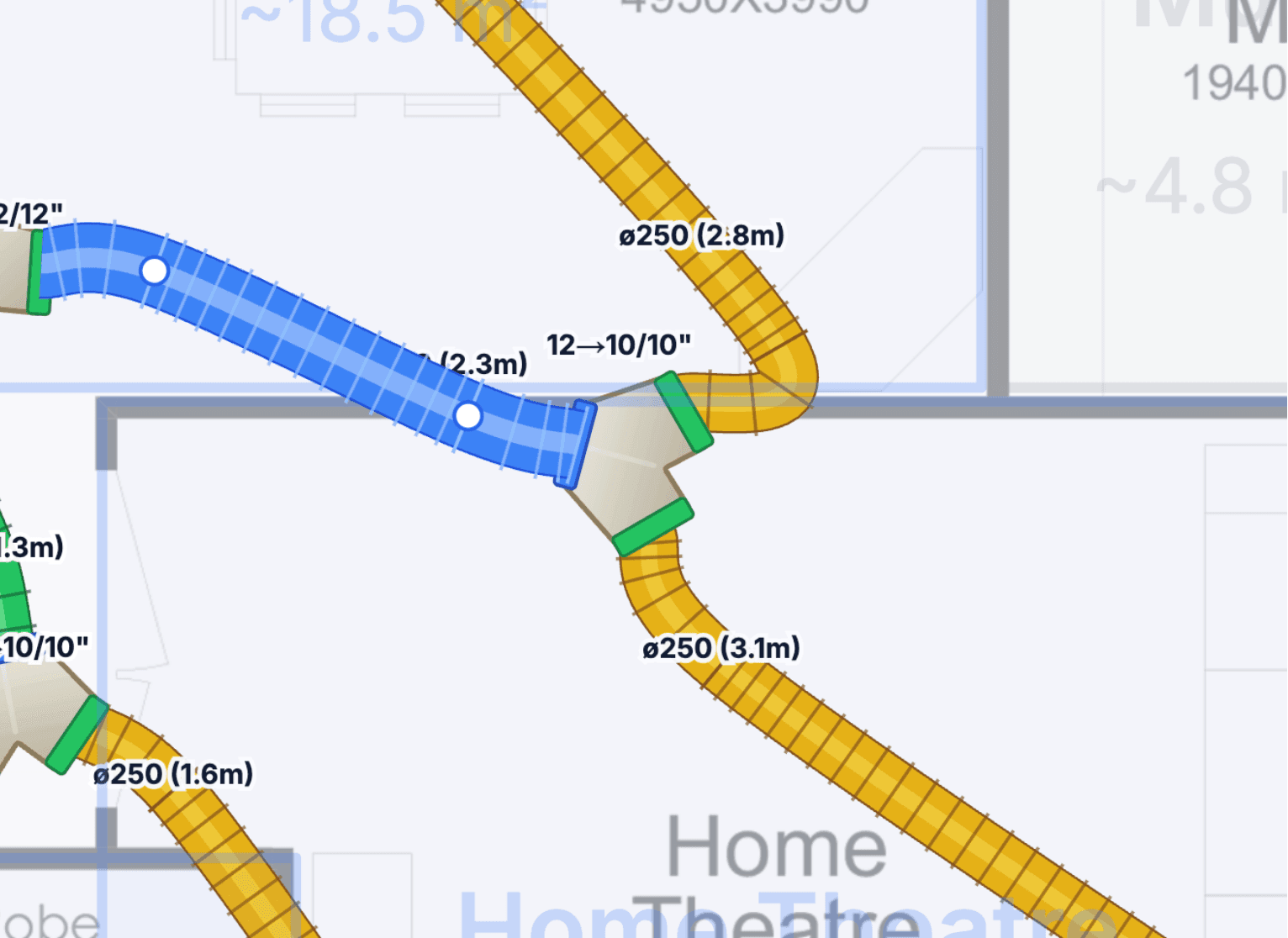 Flex duct showing draggable white control points