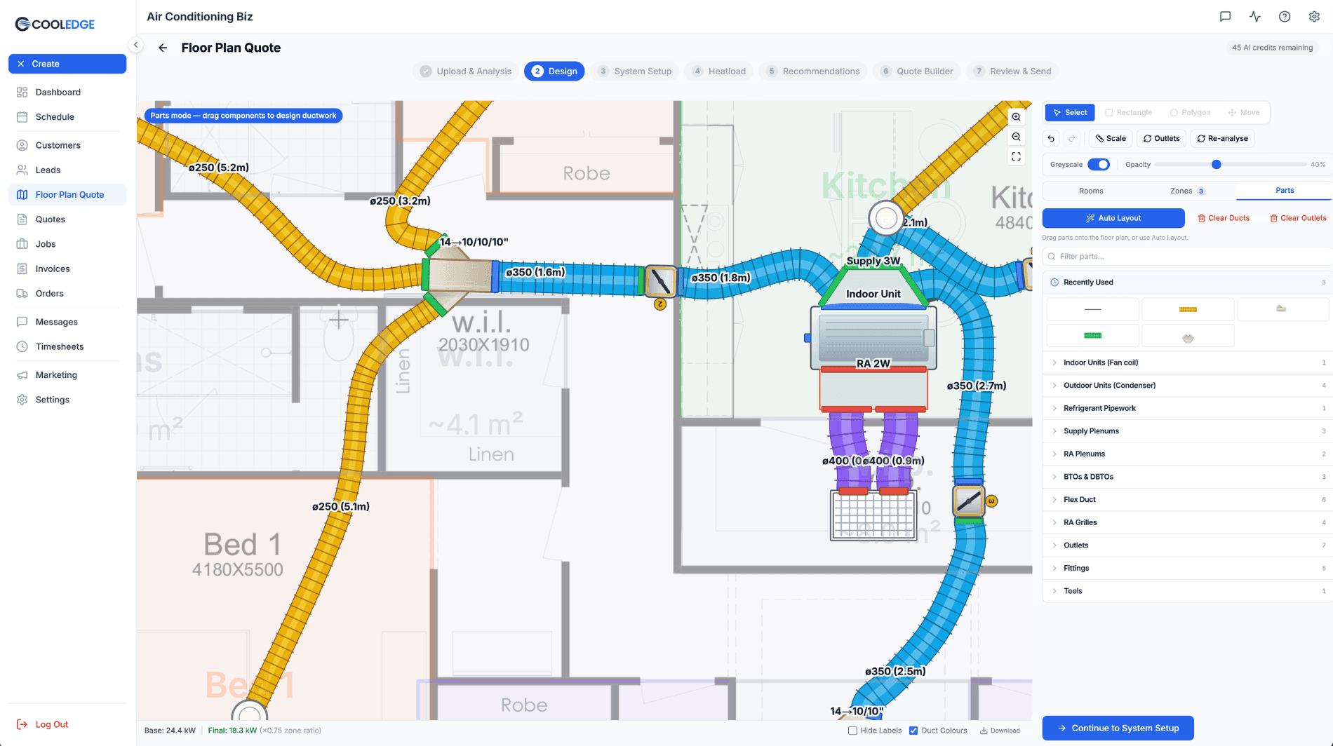 Flex ducts in multiple sizes with colour-coded size labels