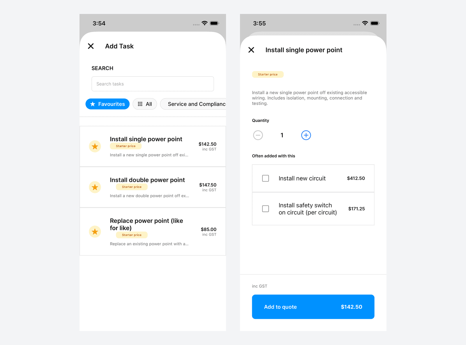 The Favourites pill listing starred tasks on the left, a line item quantity stepper on the right