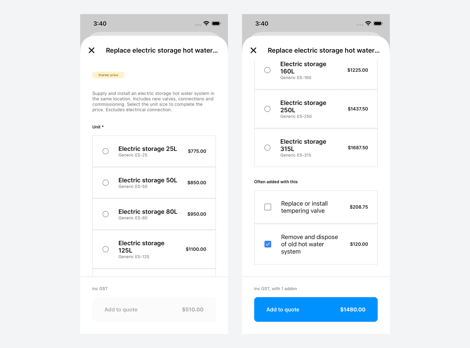 The mobile task detail sheet with the unit picker on the left, the add-on ticked and the total updated on the right