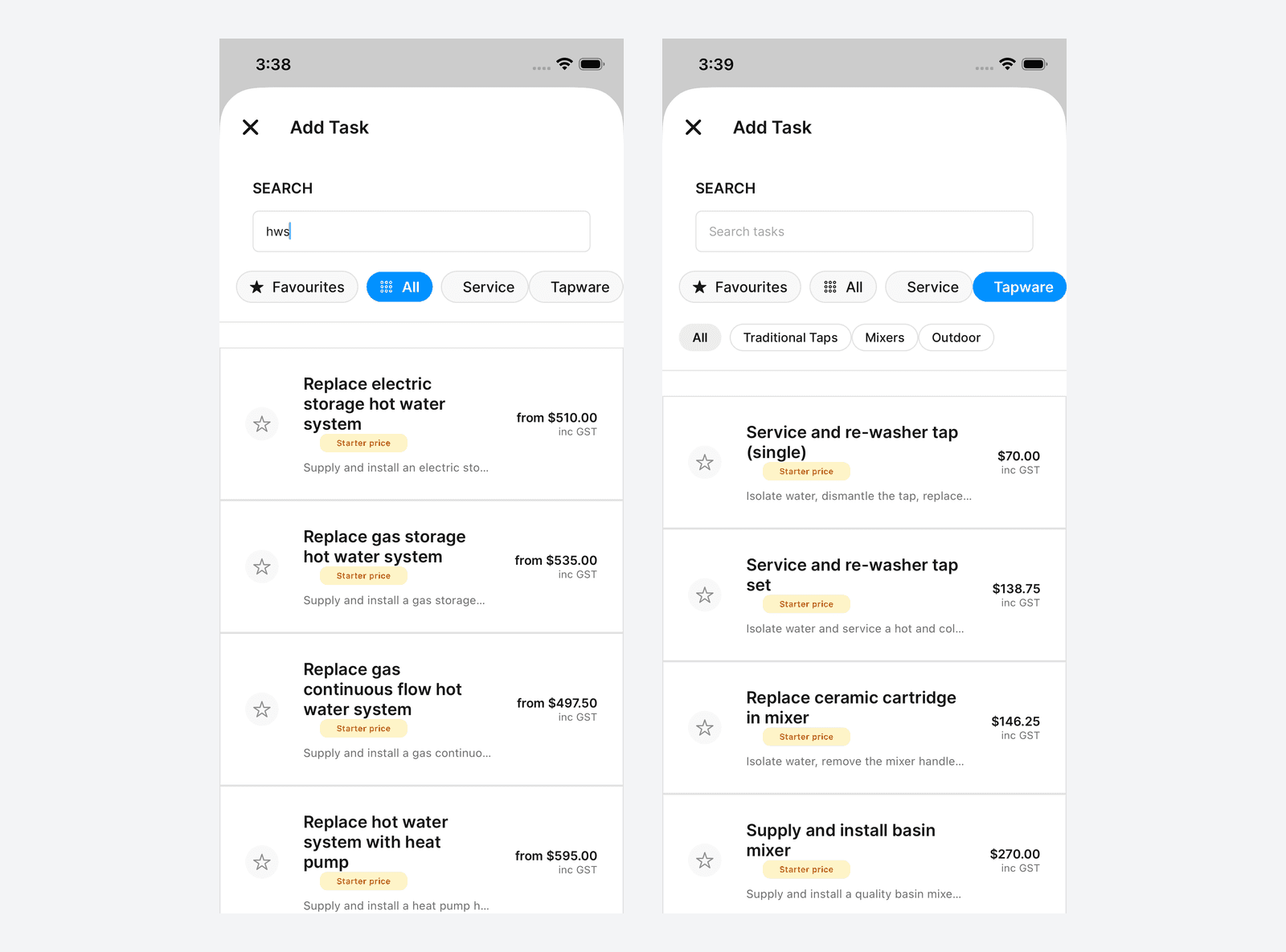 Mobile task picker with search and category pills for building a quote on site