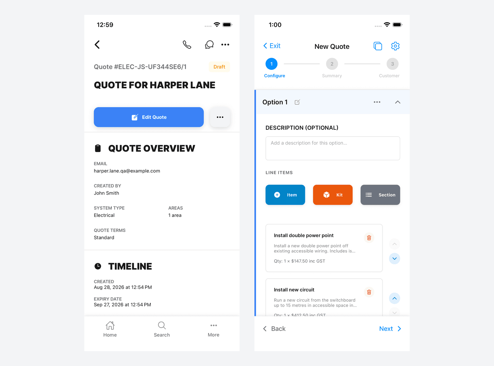 A saved trade quote detail screen reading Plumbing on the left, Edit Quote reopening the editor on the right