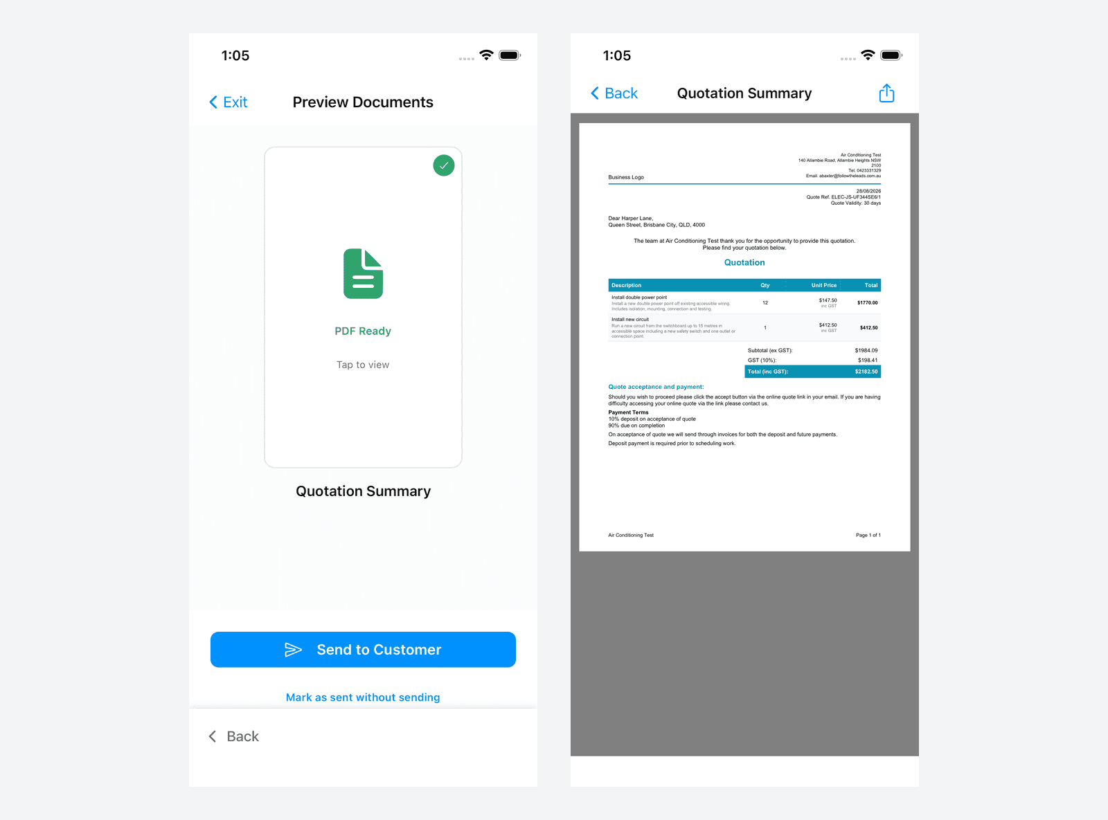 The PDF ready screen on the left, the PDF preview on the right