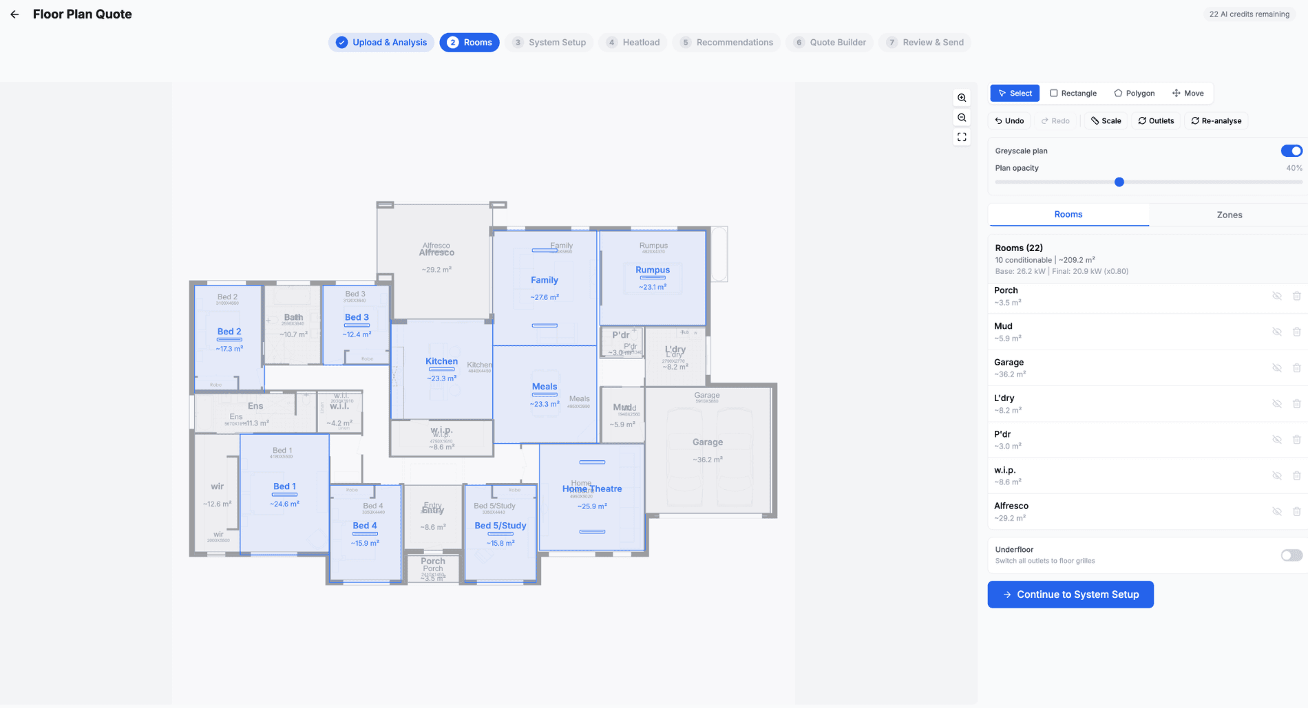 Floor plan with detected room polygons and labels