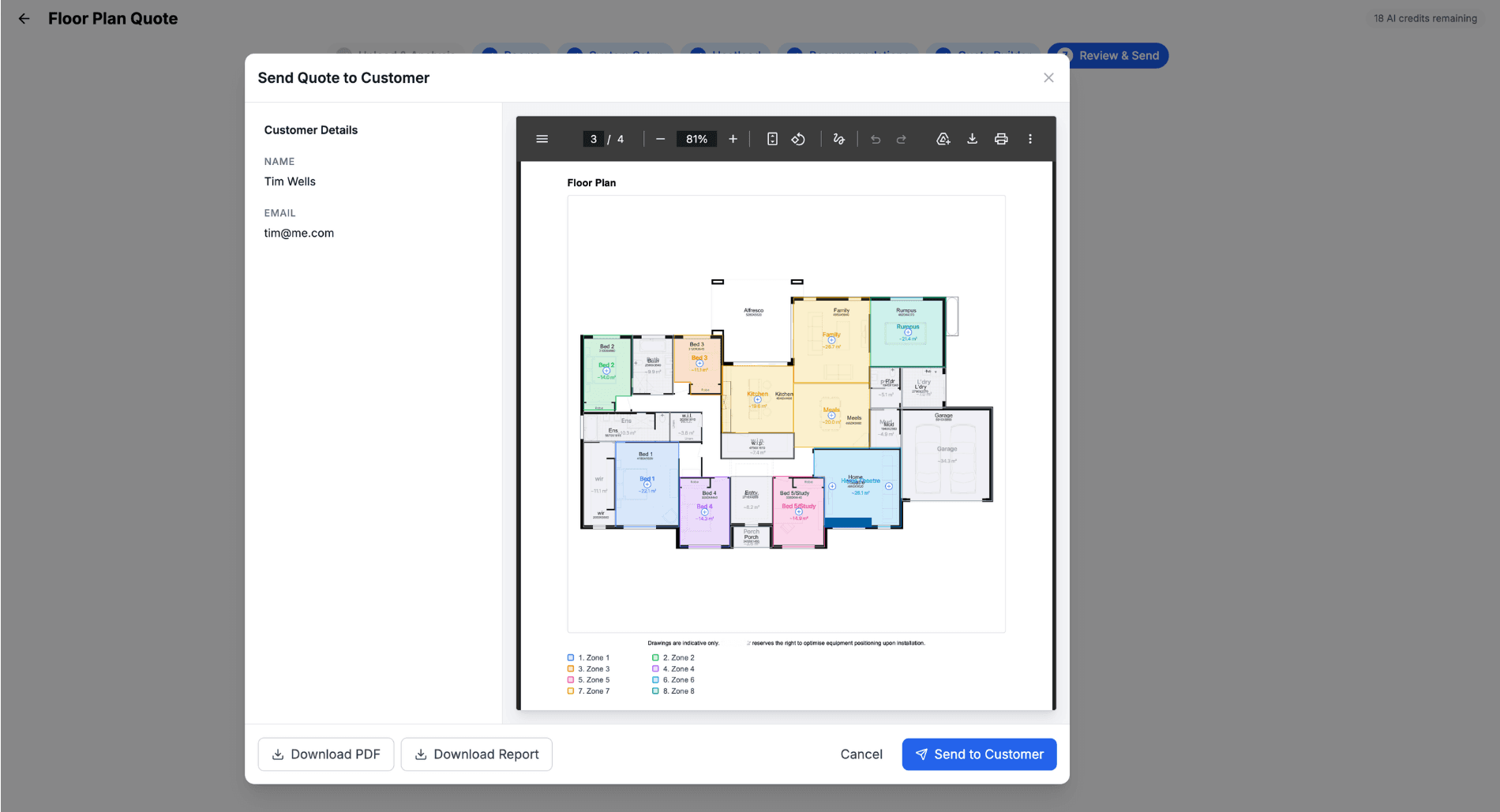 Send to customer modal with customer selection and send options