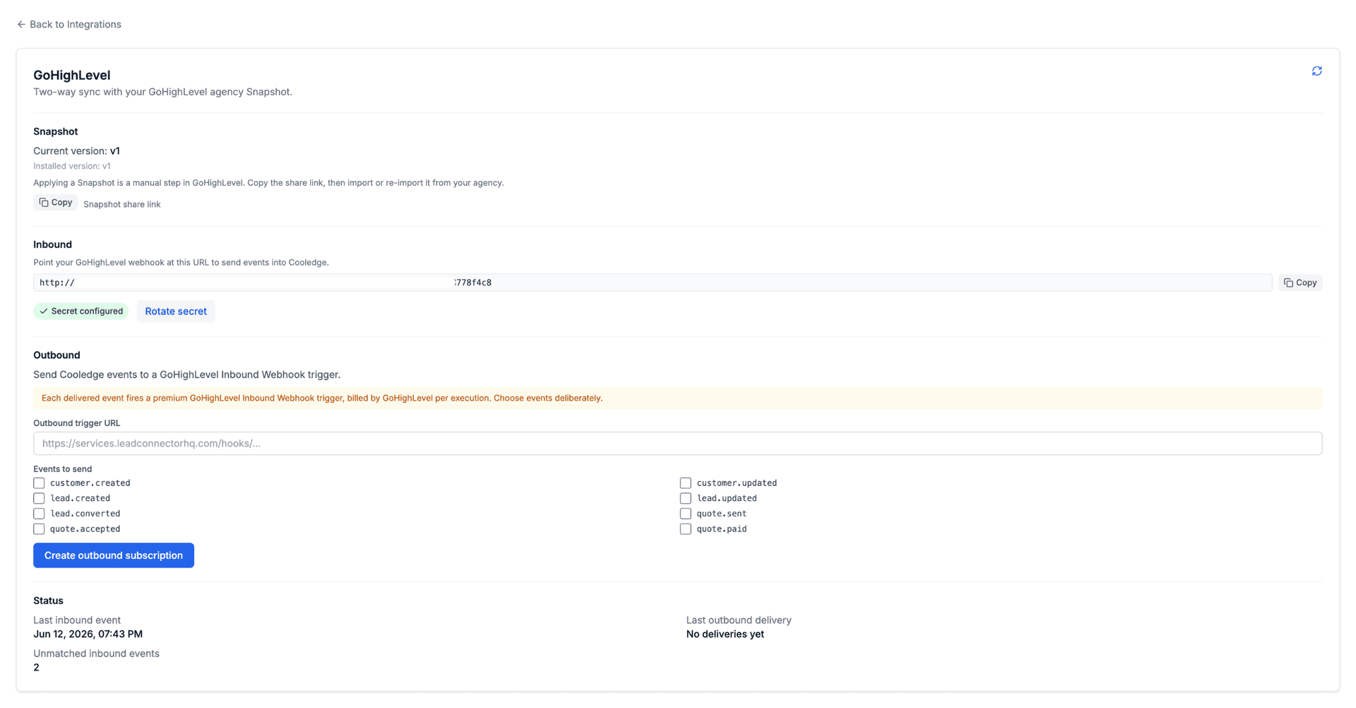 The Cooledge GoHighLevel settings card showing the Snapshot share link, the inbound URL and secret, the outbound trigger URL field and the outbound event checkboxes