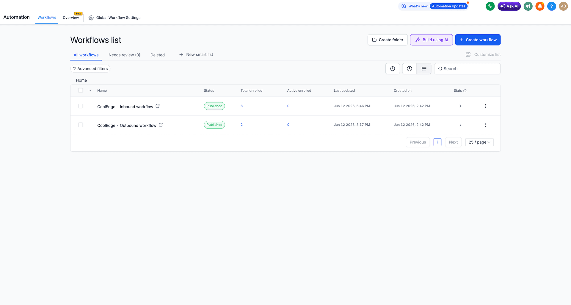 The GHL workflows list after applying the Snapshot, showing the Cooledge inbound and outbound workflows both published