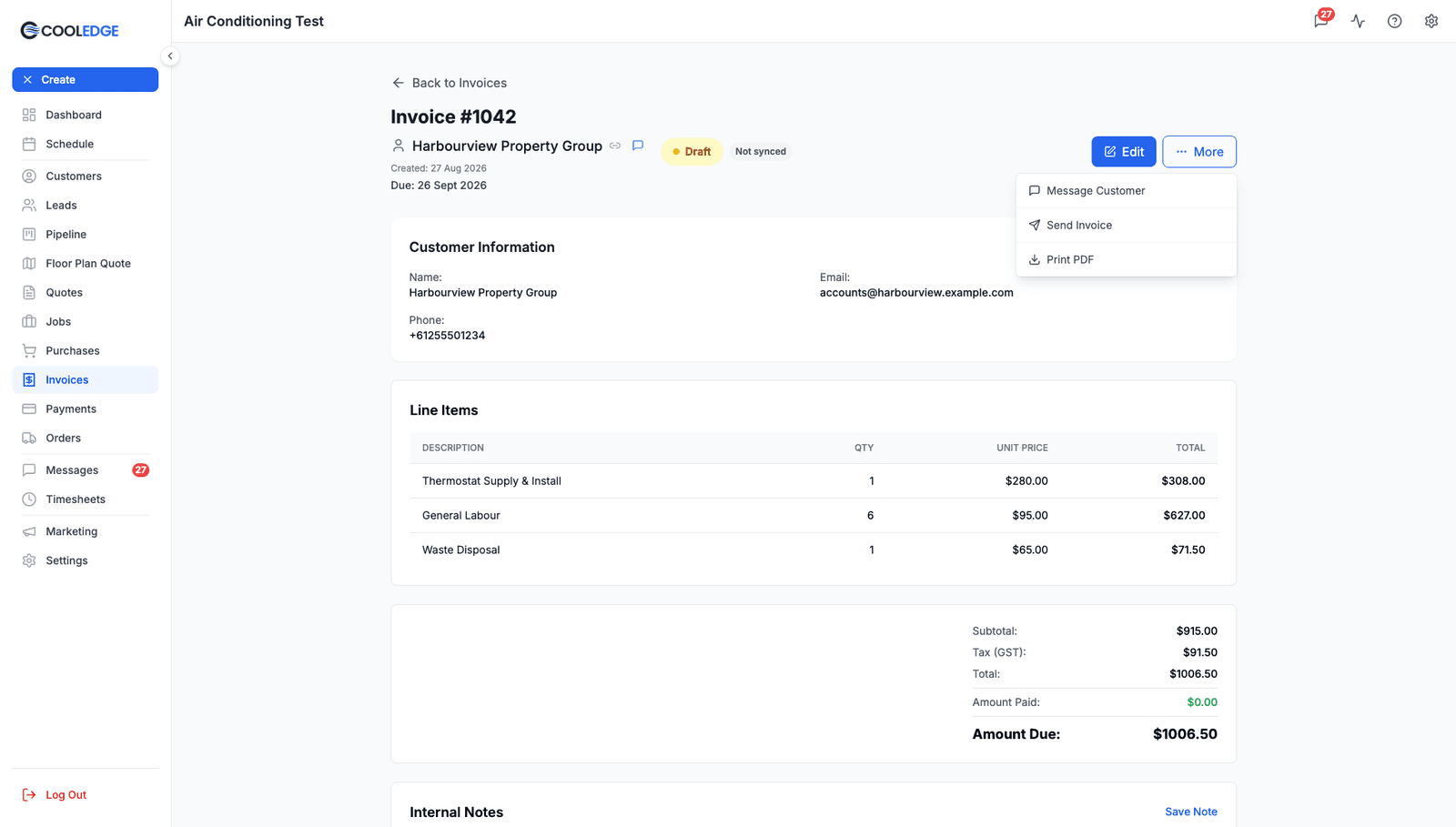 The Actions menu on an invoice, opened from the More button, listing Message Customer, Send Invoice, Open as Customer, Print PDF and Void Invoice