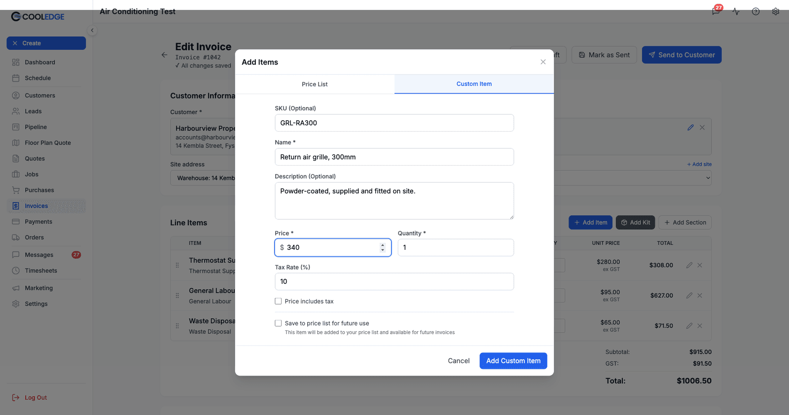 The Custom Item tab of the Add Items modal, with SKU, Name, Description, Price, Quantity and Tax Rate fields and the price-includes-tax and save-to-price-list checkboxes