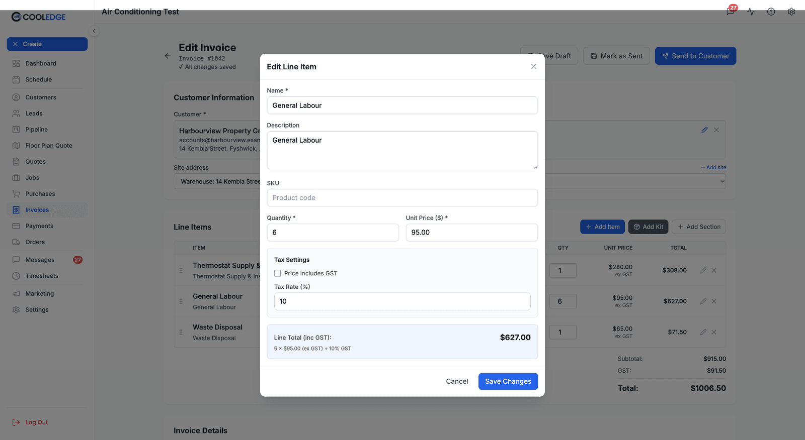 The Edit Line Item modal, showing Name, Description, SKU, Quantity and Unit Price fields, a Tax Settings panel and a live line total