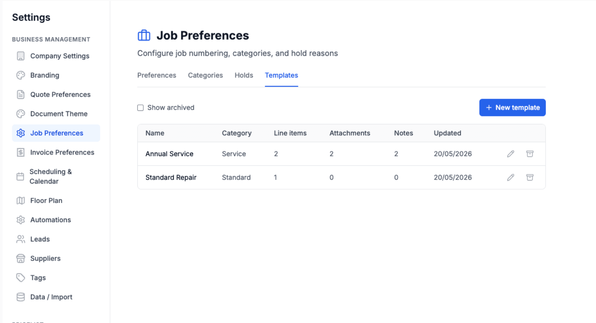 Job Templates list in Settings → Job Preferences