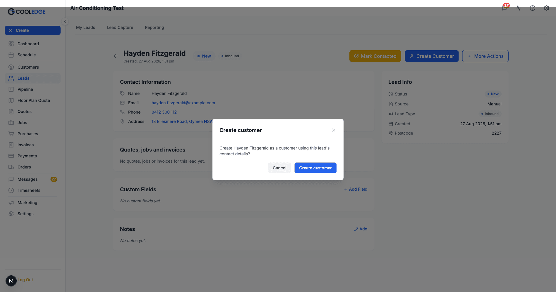 A lead detail page with the Create Customer confirmation