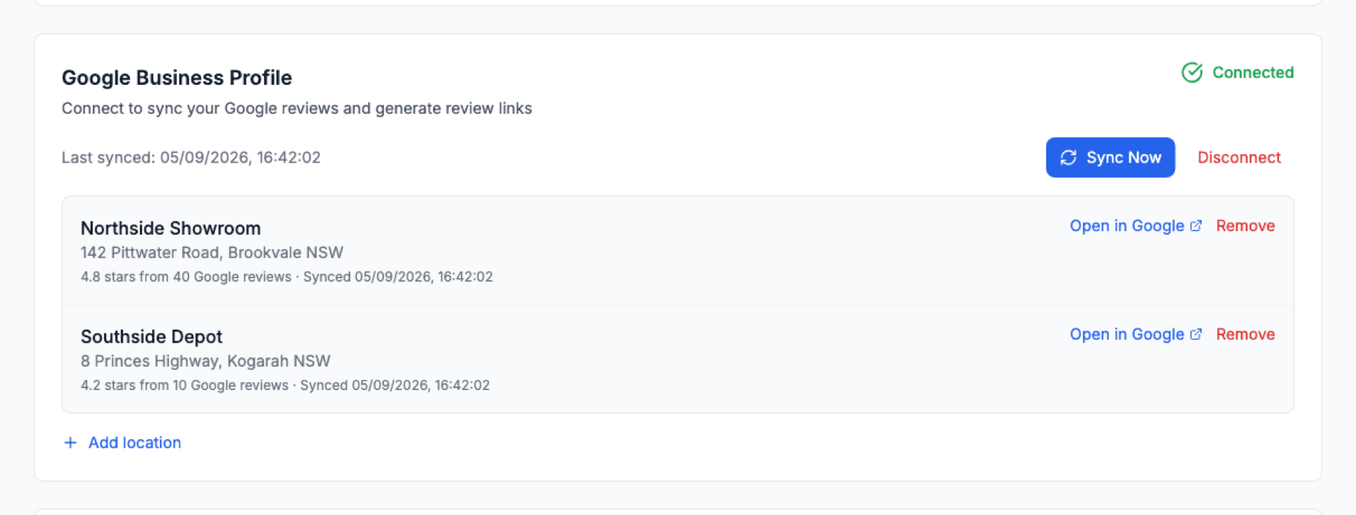 Connected Google locations on the Reviews overview