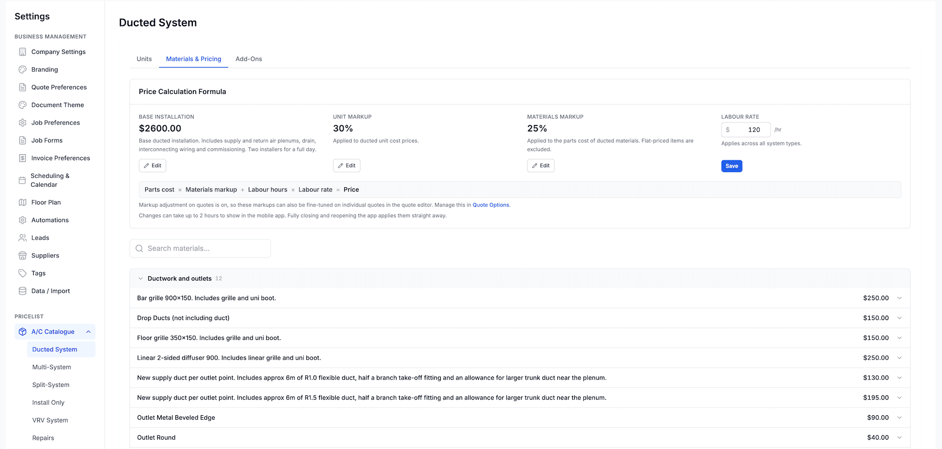 The Ducted System Materials & Pricing page showing the Price Calculation Formula card with base installation, unit markup, materials markup and labour rate, above materials grouped by category