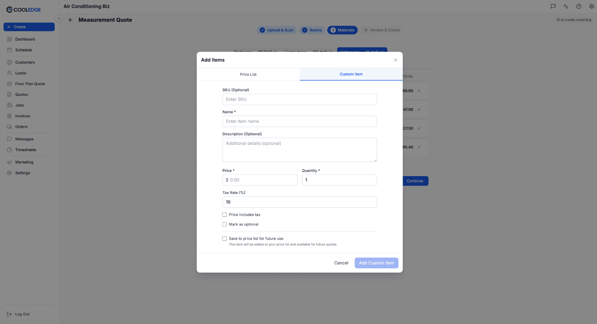 Custom Item tab with SKU, name, description, price, quantity and tax rate fields