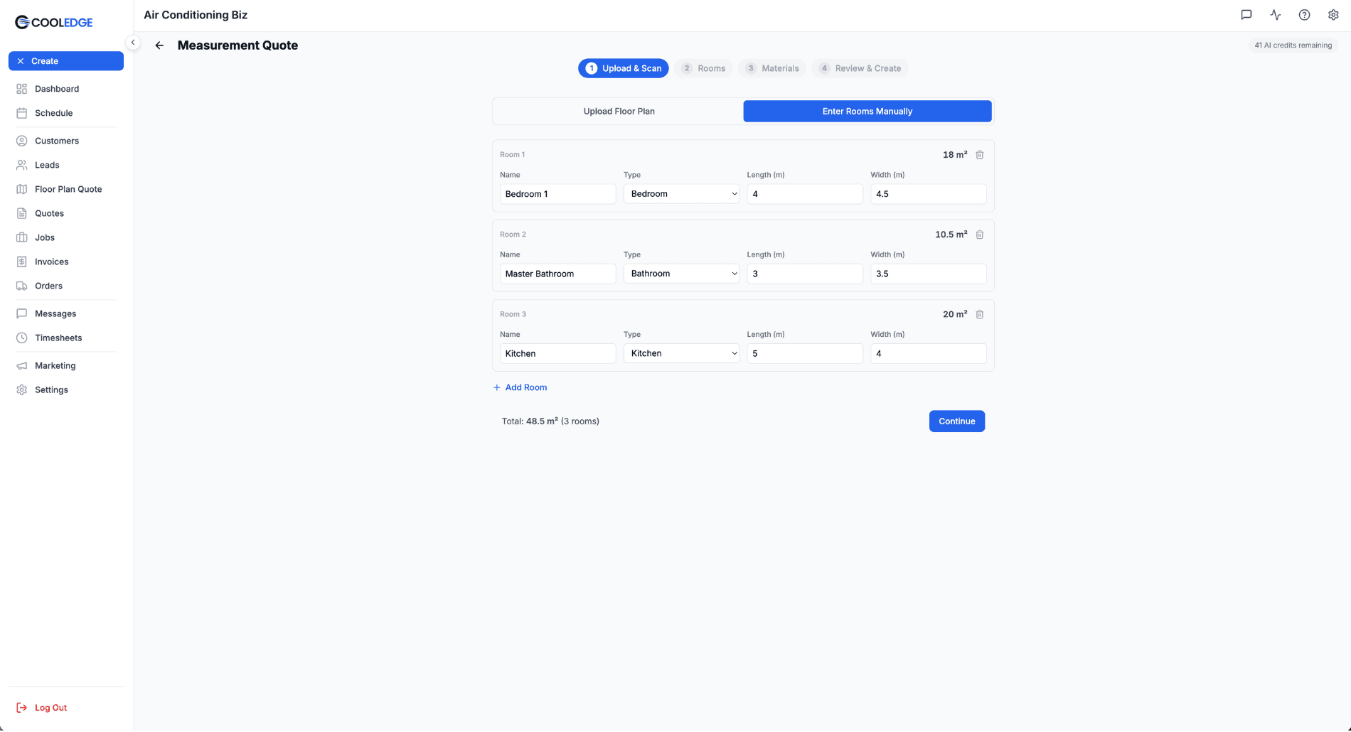 Manual room entry form with three rooms filled in and a running total