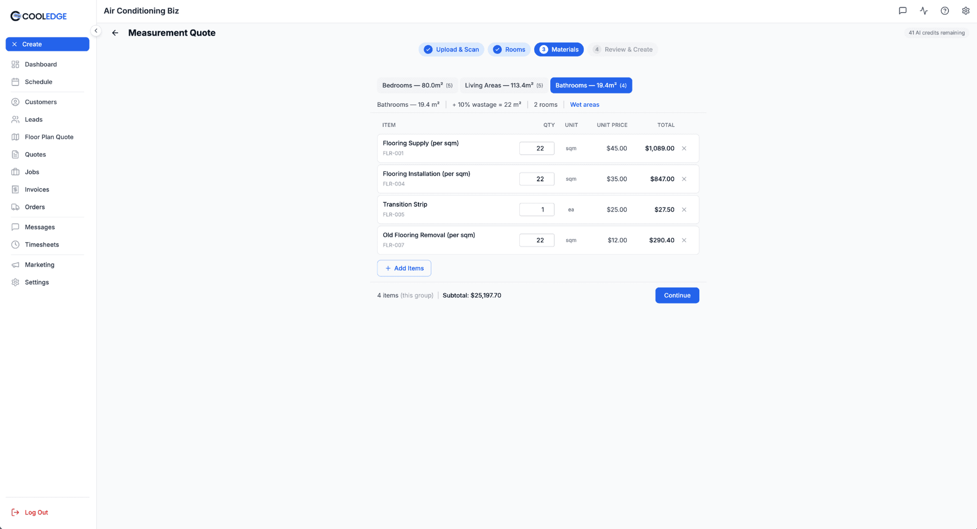 Materials step with the Bathrooms tab open and four line items