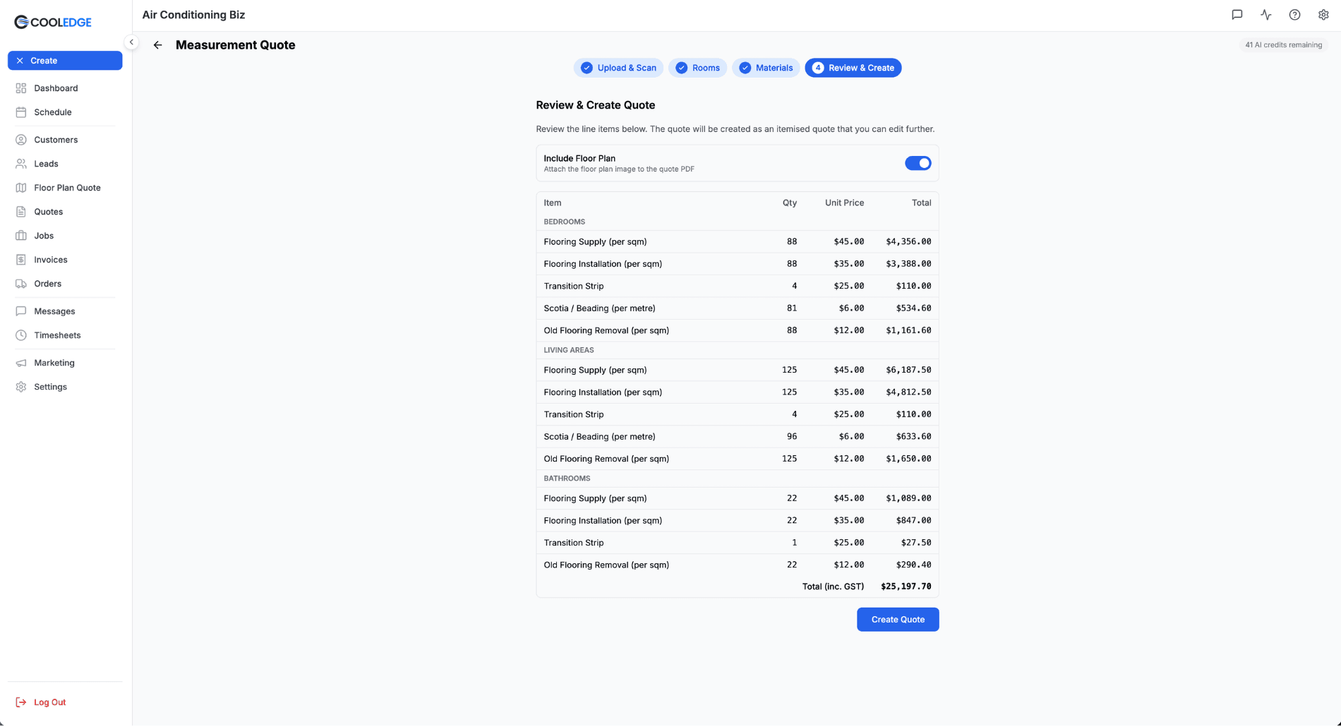 Review and Create Quote screen showing grouped line items, totals and the Include Floor Plan toggle