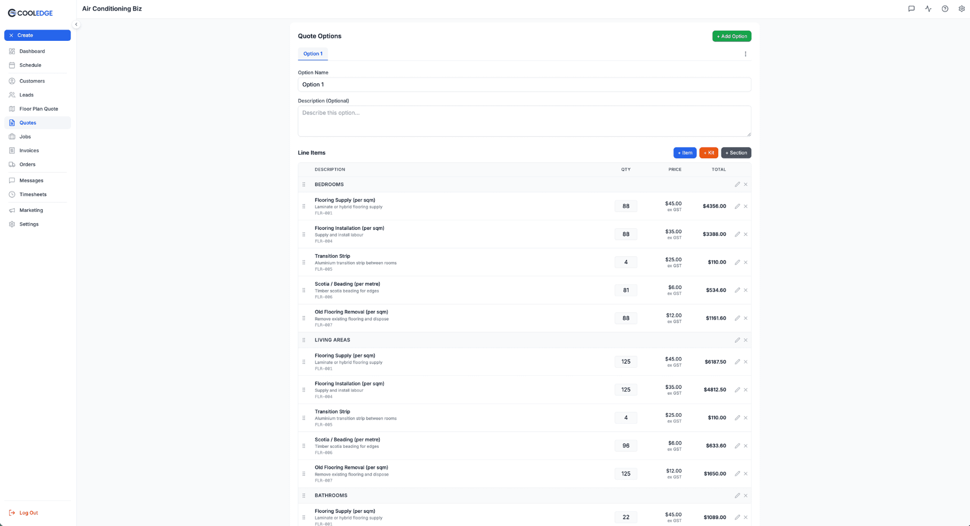 Quote Options editor opened with Measure Quote line items grouped by section