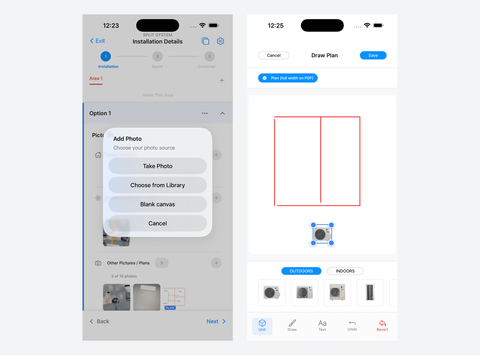 The mobile Add Photo sheet showing Take Photo, Choose from Library and Blank canvas, beside the Draw Plan editor with the Plan chip on, a sketch in progress and an outdoor unit dropped onto it