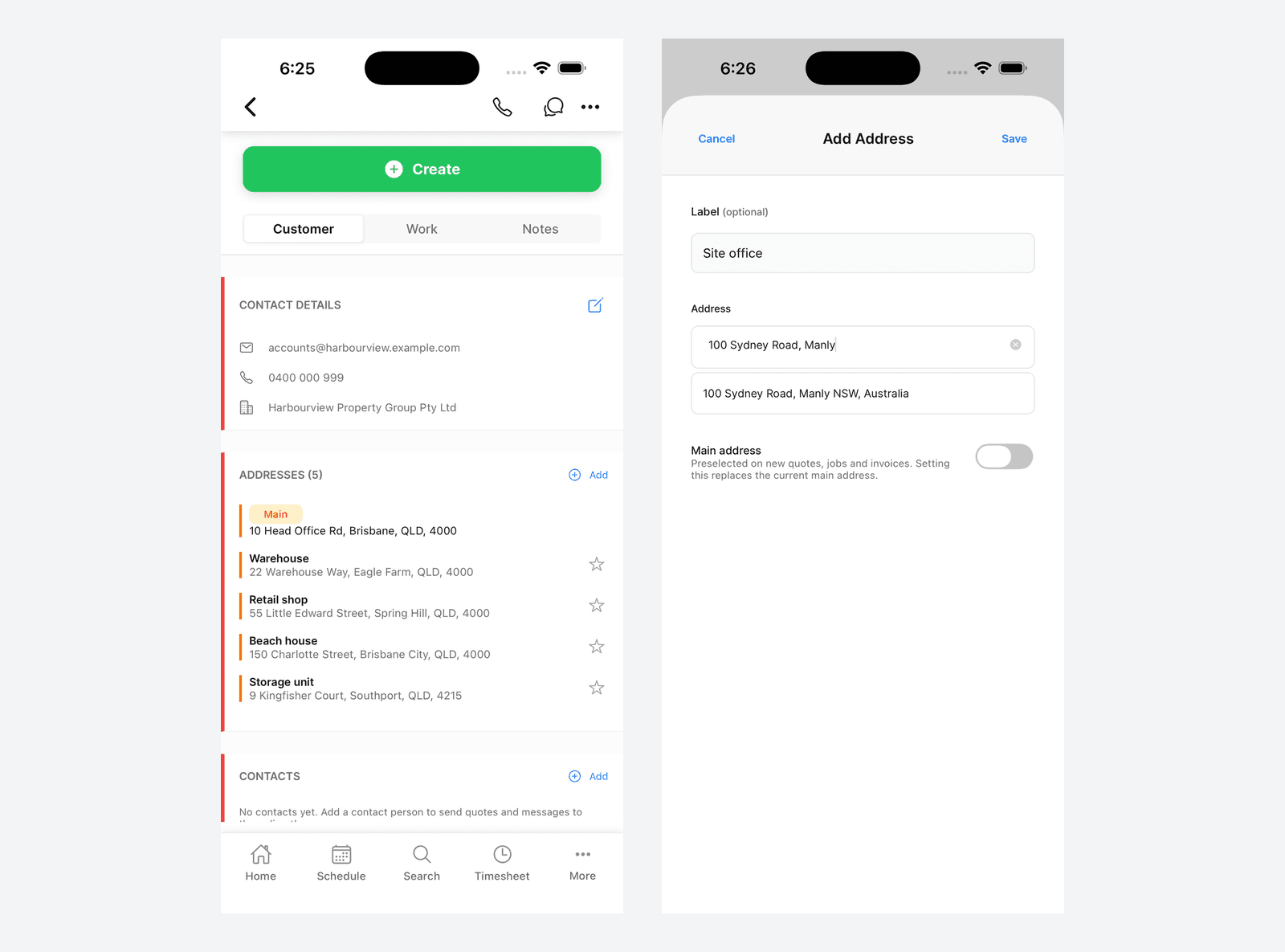 The Addresses section on the mobile customer screen, and the Add Address form