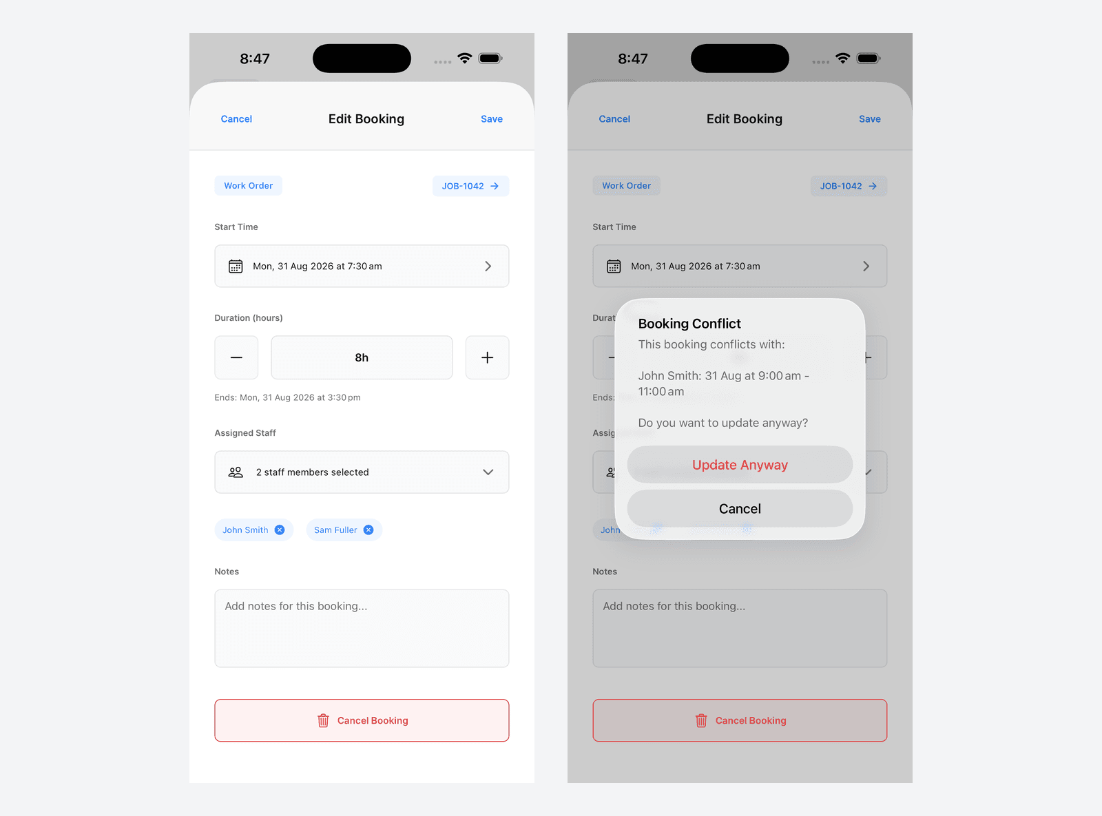 The mobile Edit Booking sheet beside the Booking Conflict alert it raises on save, naming the clashing staff member and time