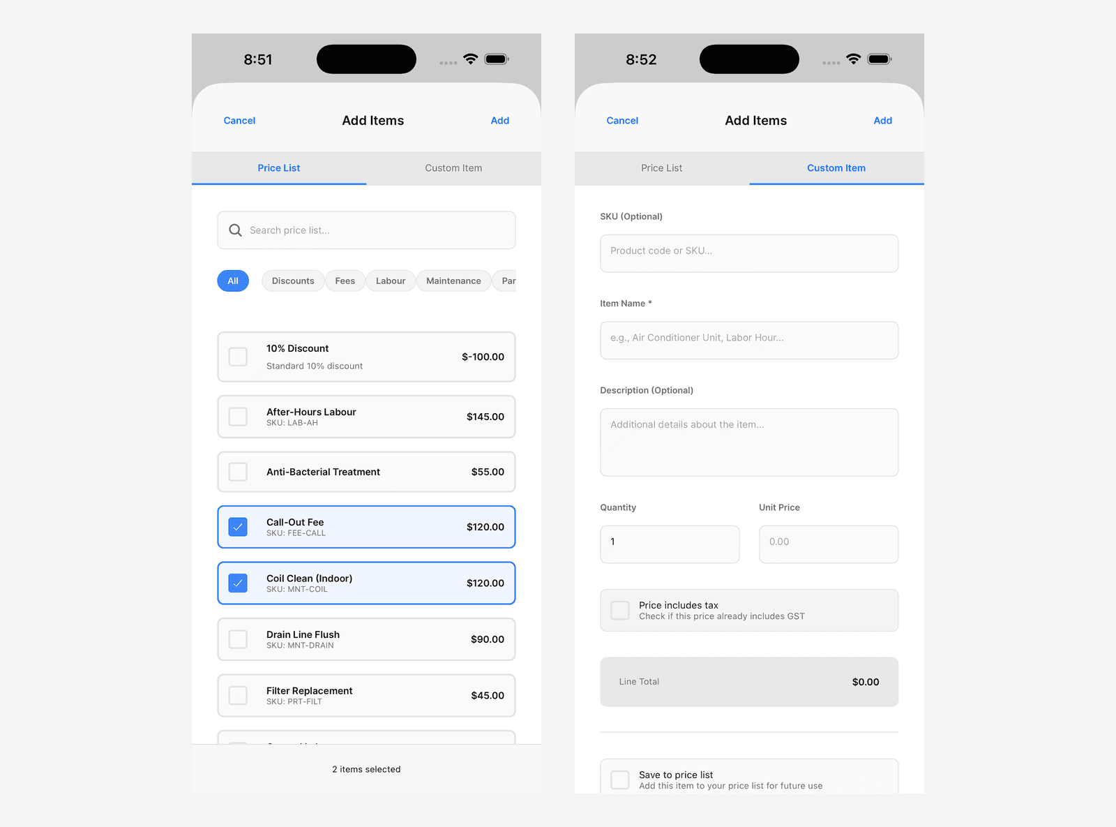 The Add Items sheet on mobile, the Price List tab with two items ticked beside the Custom Item tab and its form