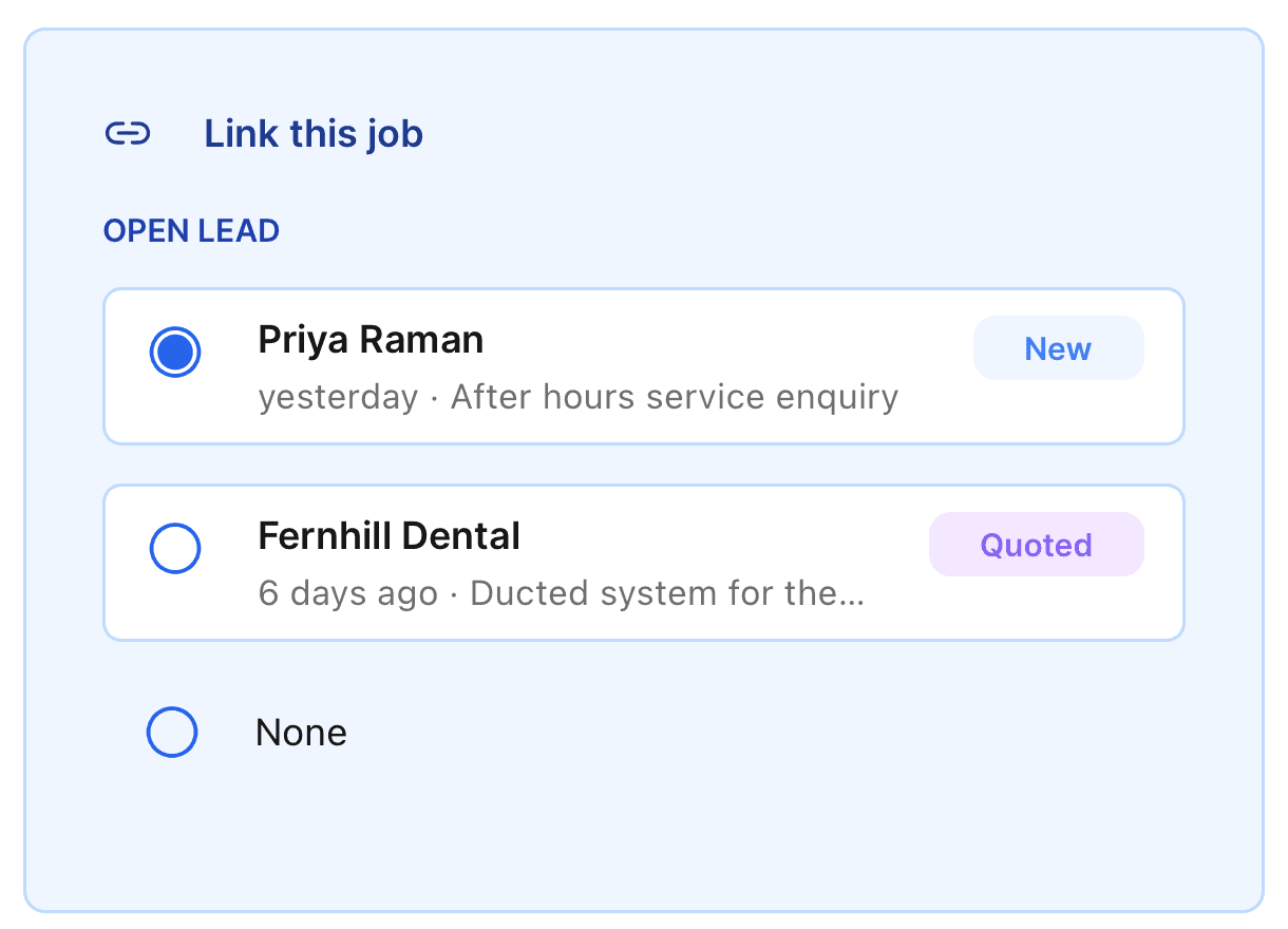 The Link this job panel in the mobile app, listing two open leads with their stage as a badge on the right, and a None option